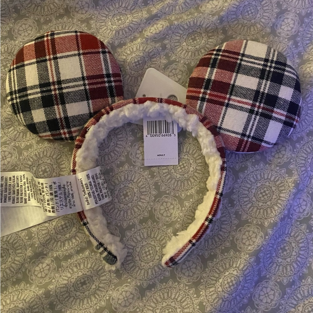 Mickey Mouse red & green Plaid Ear Headband for Adults new from parks!